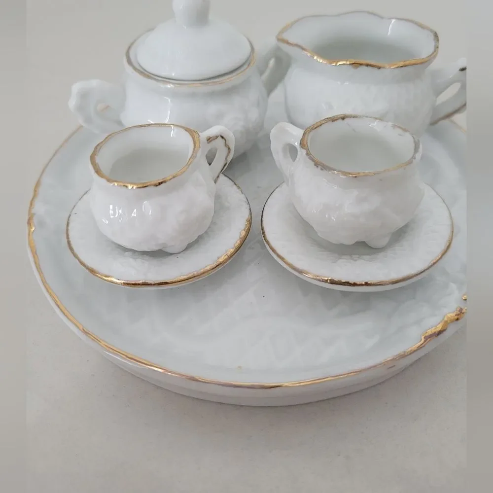 Micro Porcelain Tea Set Display White Gold Trim Tea Party Dollhouse Mini Size
